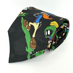 Vintage 1994 Looney Tunes Mania Golf Tie Daffy Duck Taz Marvin the Martian Black